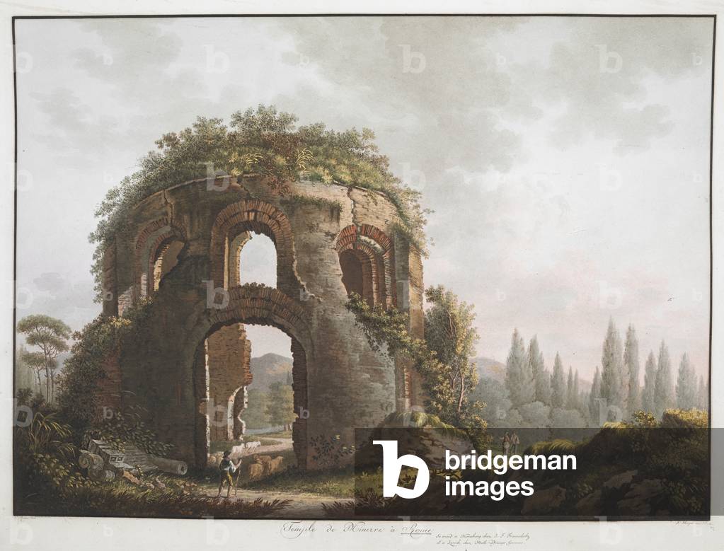 Figure che camminano tra le rovine del Tempio di Minerva Medica a Roma, con pini e cipressi sullo sfondo