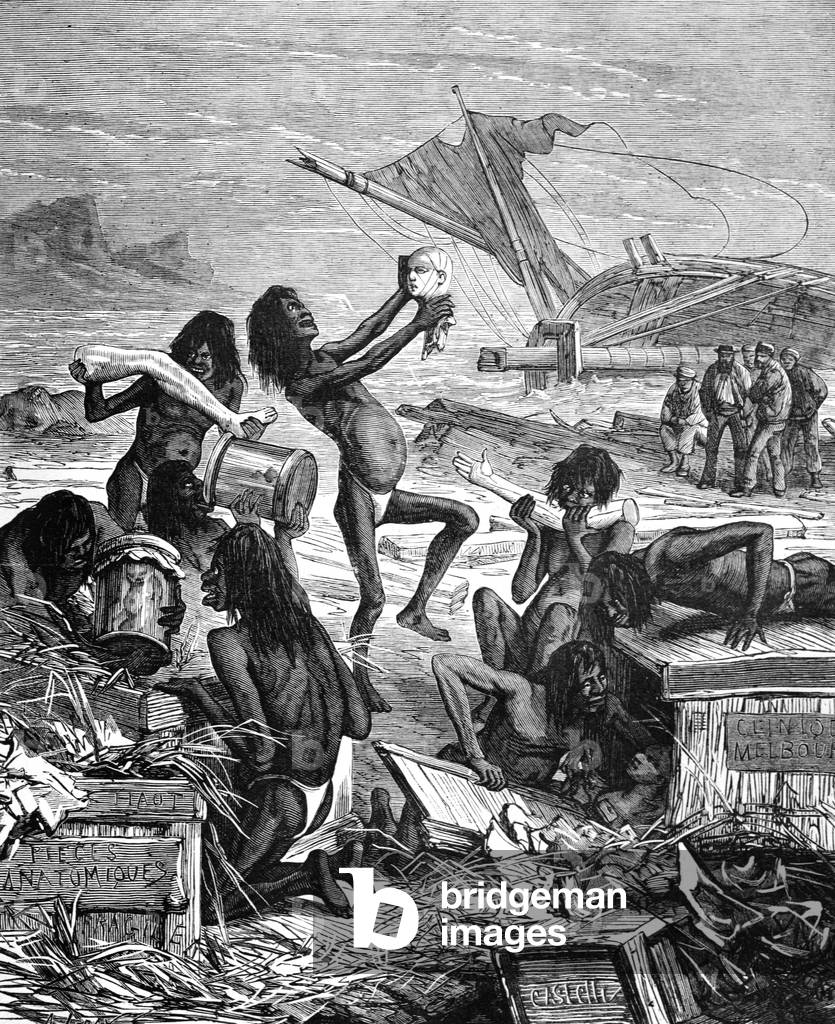 Schiffbruch Siedler & Aborigines bei Melbourne, 1878 (Gravur)