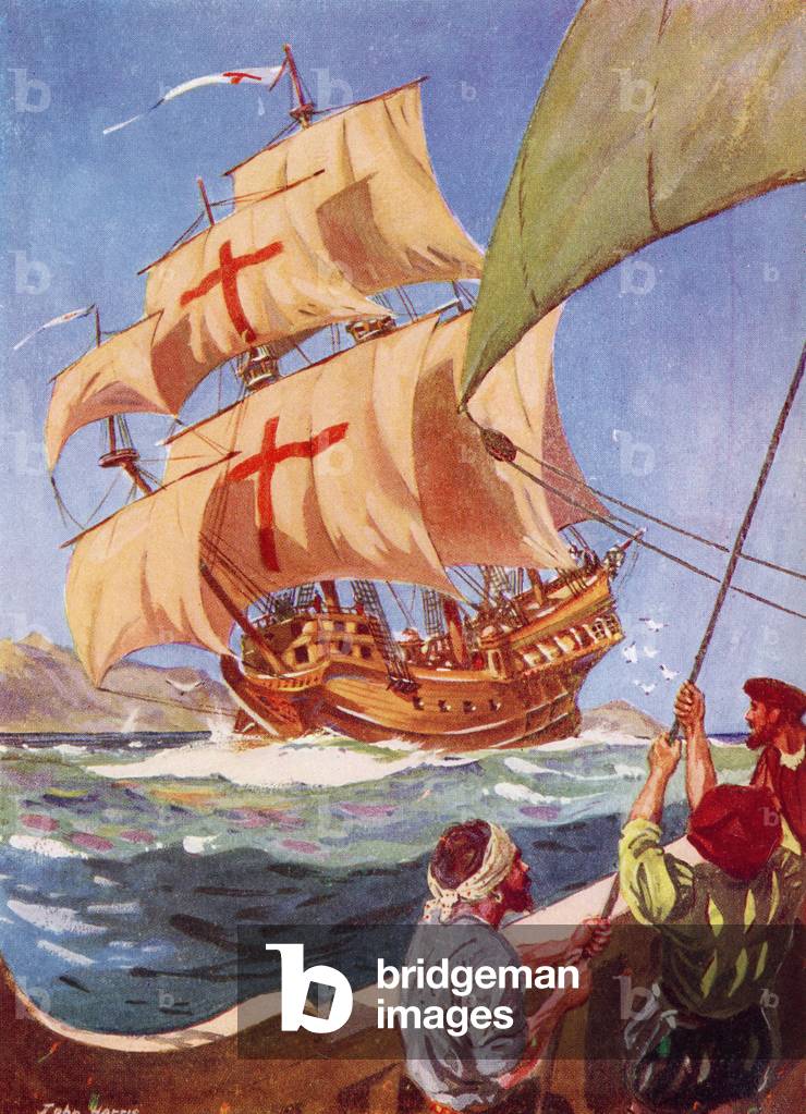 Cristoforo Colombo lascia la costa della Spagna con la sua nave di bandiera, la Santa Maria, per il suo primo 