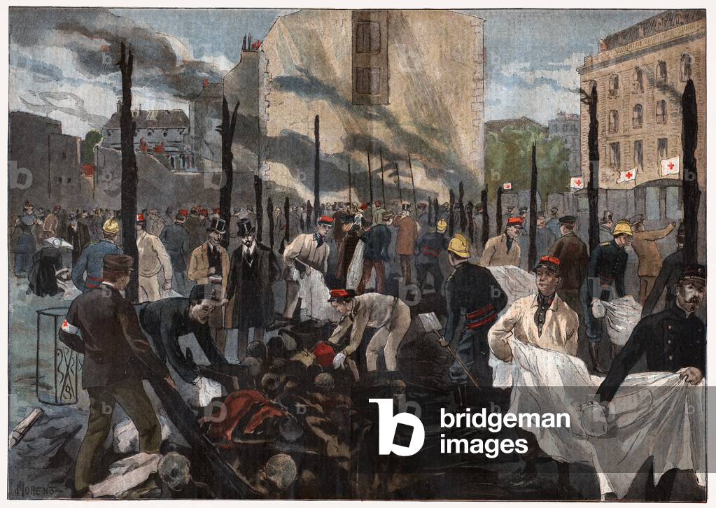 Bild von Gravur "Feuer auf dem Bazar de la Charite" 1897 von French School