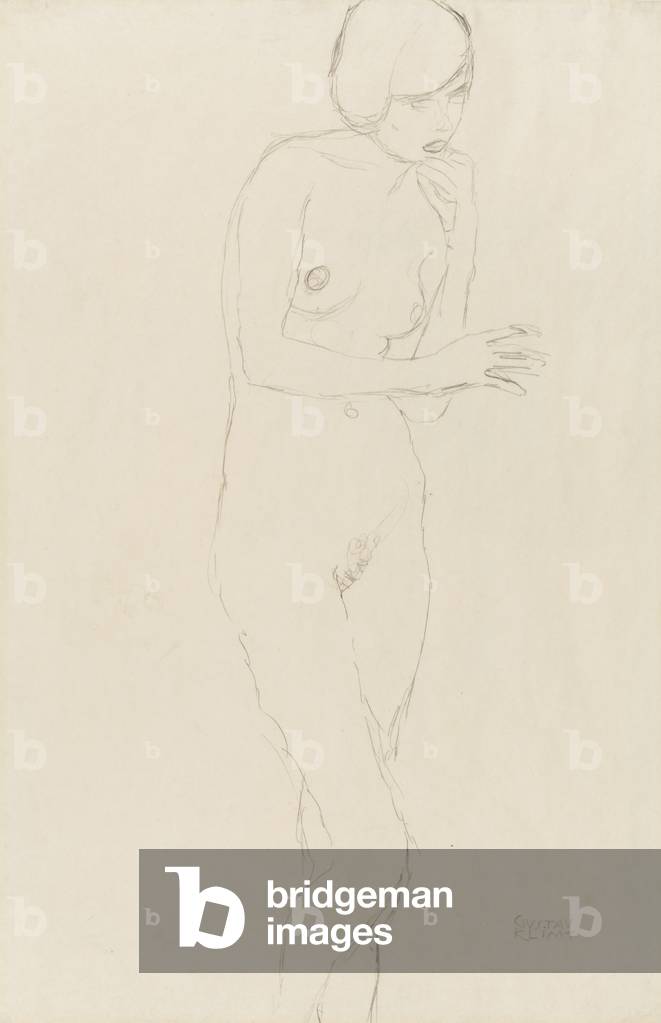 Stehende nackte Frau, linke Hand am Kinn, um 1913 (Bleistift auf dünnem cremefarbenem Vlies)