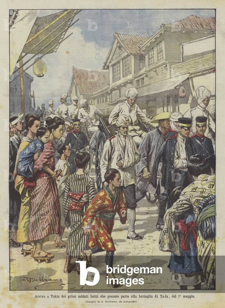 Arrival in Tokyo of the first wounded soldiers who took part in the battle of Ya-lu by Achille Beltrame