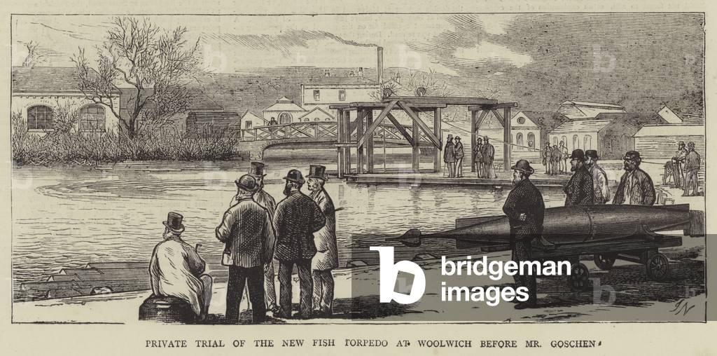 "Privatverhandlung des neuen Fischtorpedo in Woolwich vor Herrn Goschen (Gravur)" von Joseph Nash, b/w