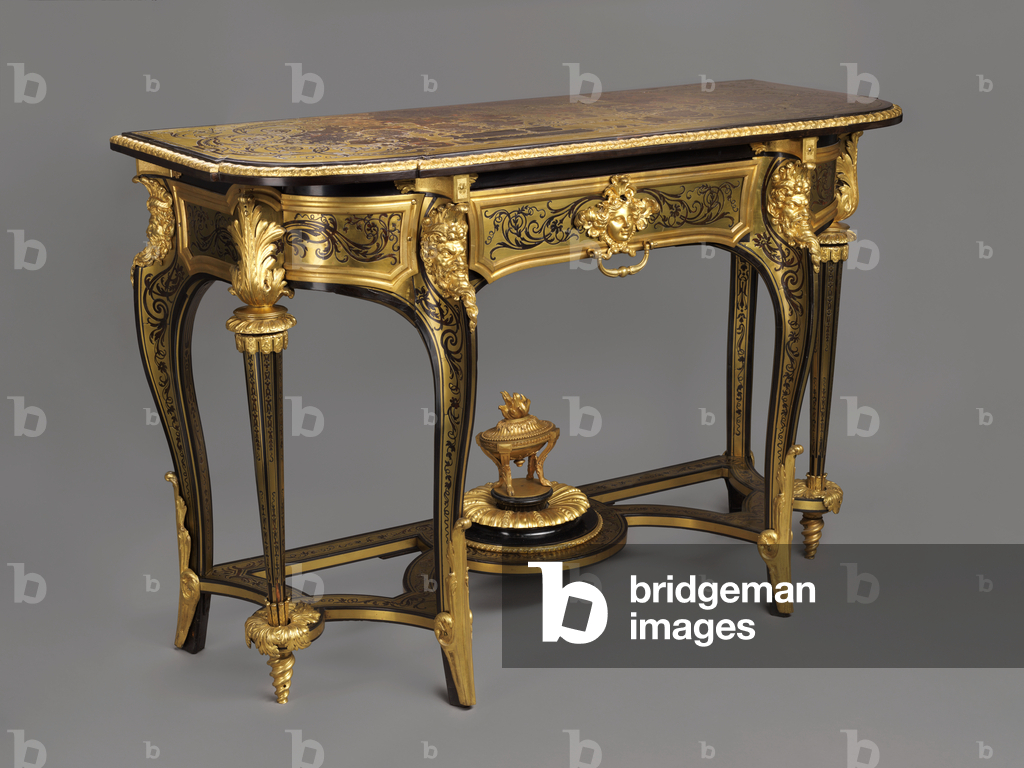 Beistelltisch, um 1705 (Eiche, Kiefernholz, Nussbaum (teilweise schwarz gebeizt), vergoldete Bronze und Boulle