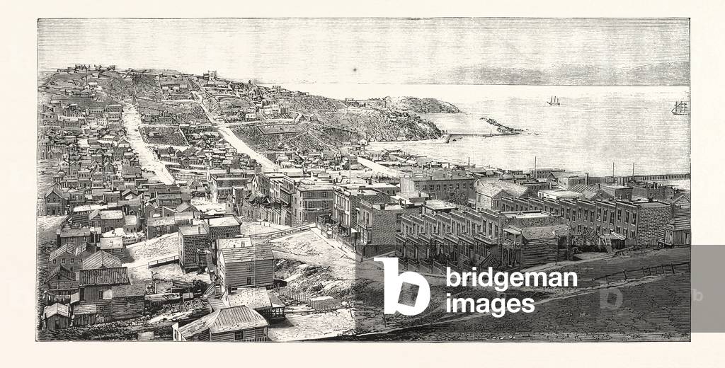 Bild von Gravur "Das Goldene Tor San Francisco Gravur 1876", b/w