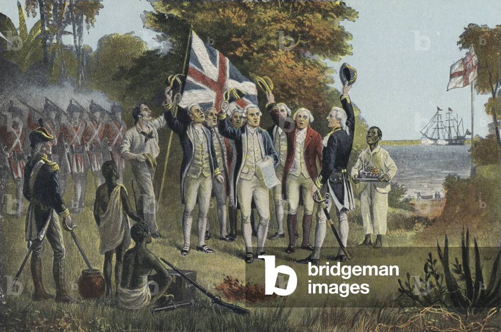Captain Cook nimmt Besitz von Australien (Farbe litho)