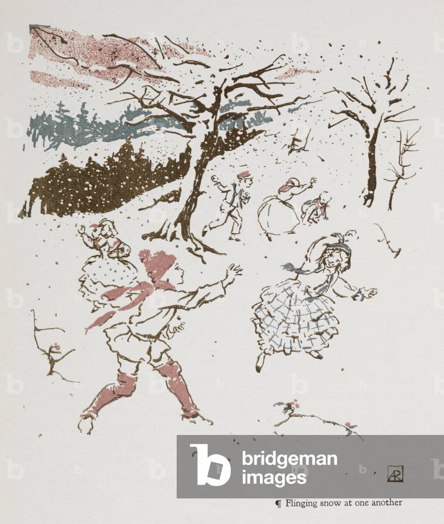 "Kinder werfen Schneebälle aus dem Paradies der Kinder."