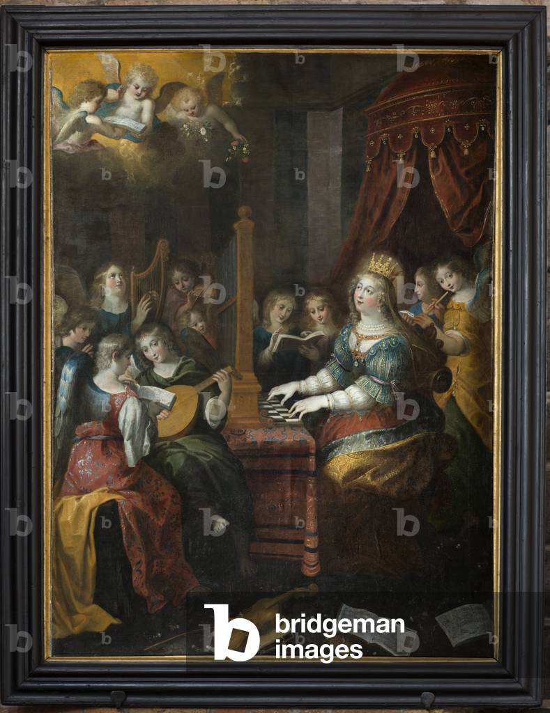 "Pfarrkirche (Parochiekerk Onze-Lieve-Vrouw Bezoeking). „Saint Cecilia spielt Orgel“. 18. Jahrhundert." 1701