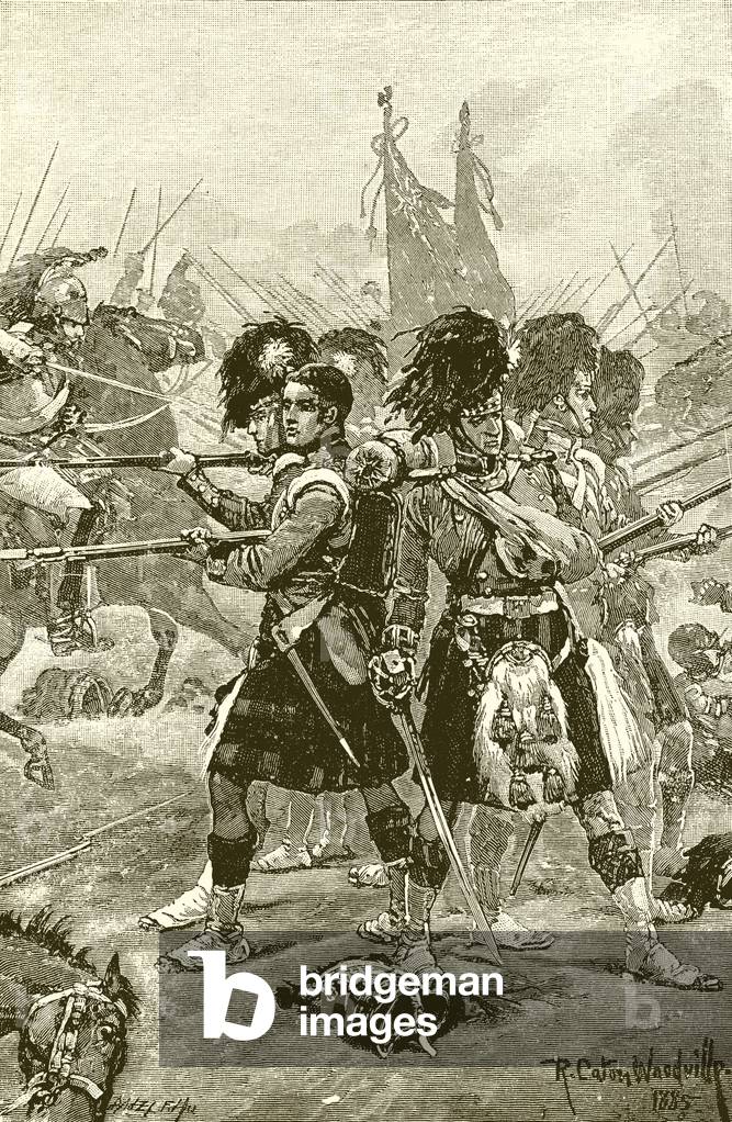"I quarantadue Highlanders a Quatre Reggiseni (incisione)" di Richard Caton II Woodville, b/w