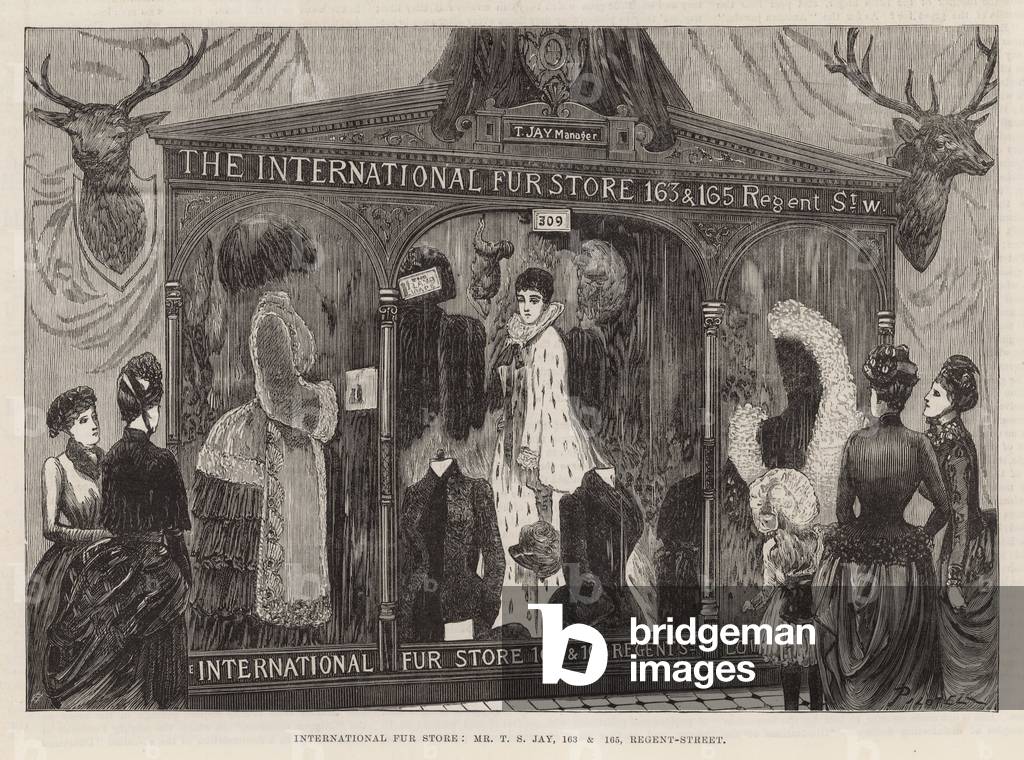 "International Health Exhibition: International pellicce store (incisione)" di Georges Labadie Pilotell, b/w
