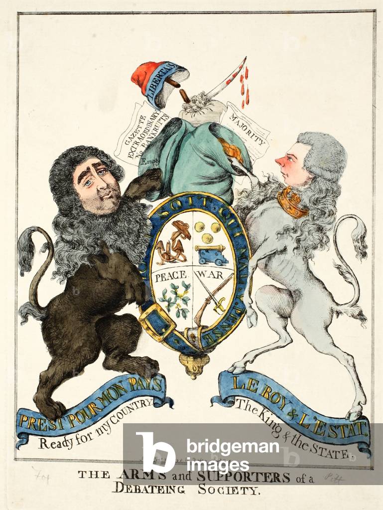 Image of Engraving depicting The Arms and Supporters of a Debating Society 1798 by English Artist