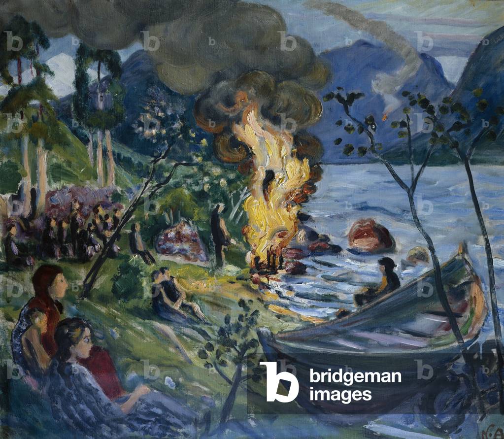 Image of Painting depicting Midsummer fire at Jølster water (oil on canvas) by Nikolai Astrup