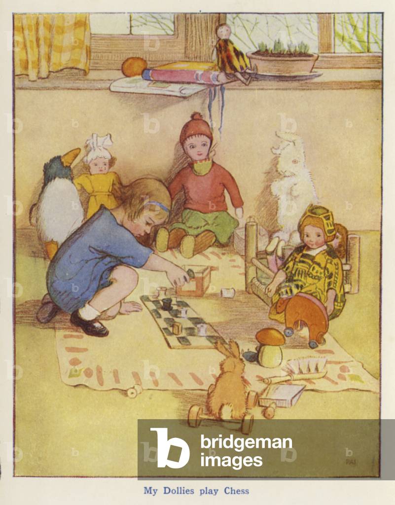 "Bambina che gioca a scacchi con le sue bambole (colore lito)" 1901 di English School