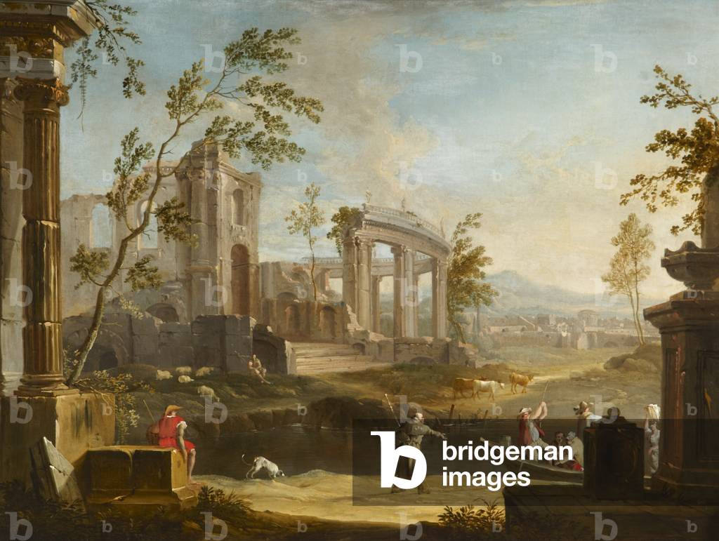 Paesaggio classico con un pellegrino ectoring persone in un chiatta