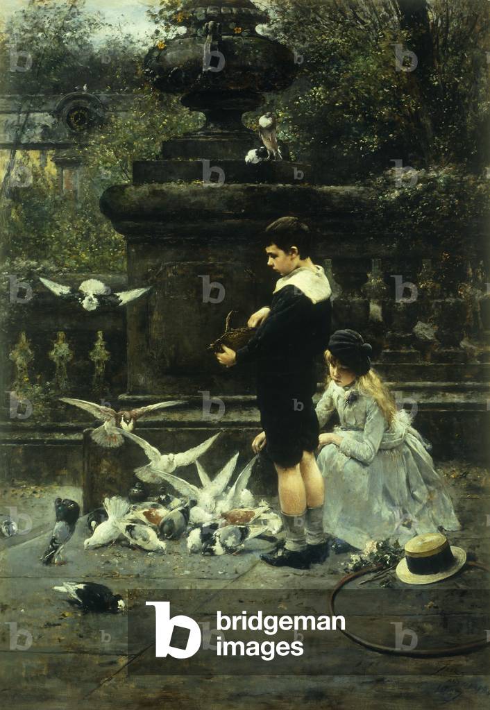 Immagine di Dipinto "Nutrire i piccioni", 1887 di Eugene Joors
