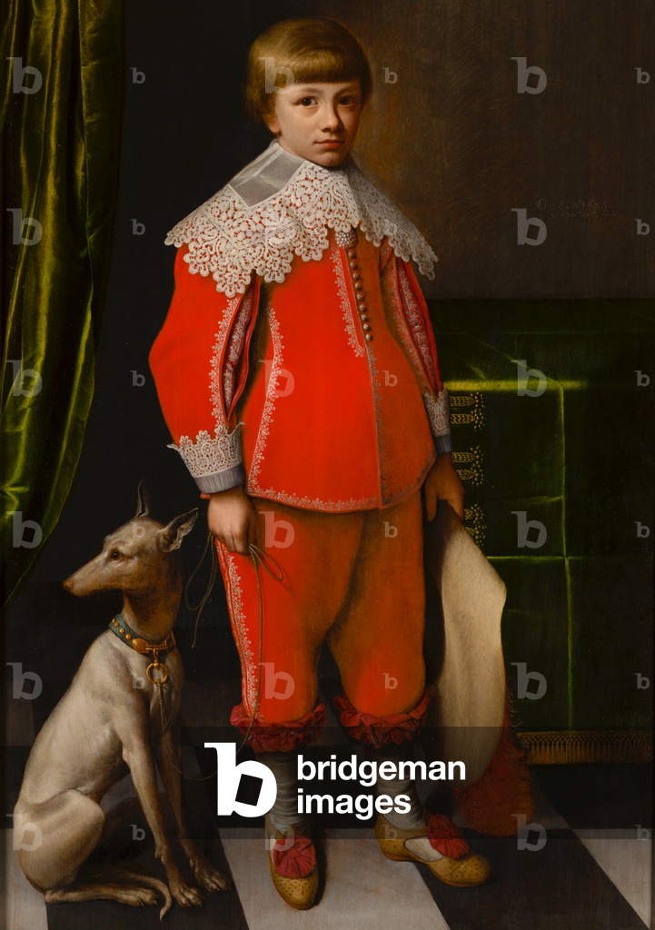 Ritratto di un bambino di otto anni con un Whippet su un pavimento a scacchiera, 1656 (olio su pannello)