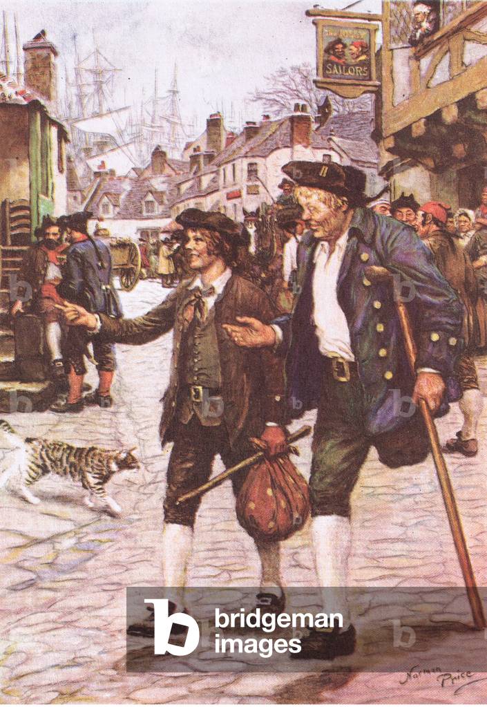 Jim e Long john argento a Bristol, da Treasure Island pubblicato da MacDonald 1947 (colore lito)