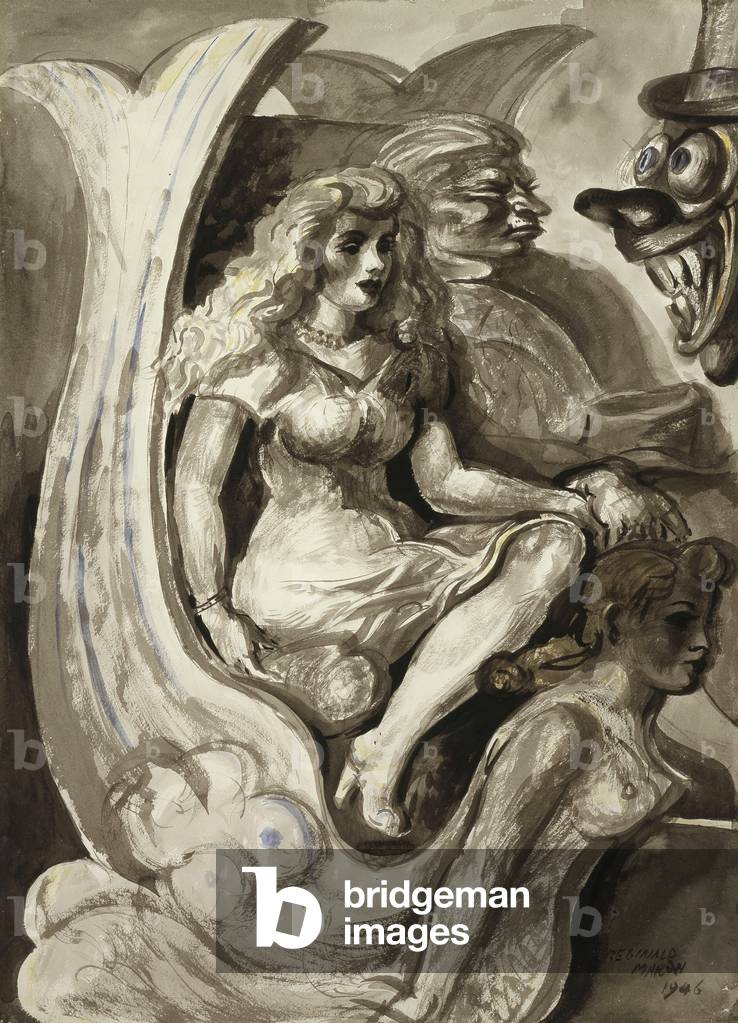 "Riders in a Mermaid Tunnel Boat: Ein doppelseitiges Aquarell", 1946 von Reginald Marsh