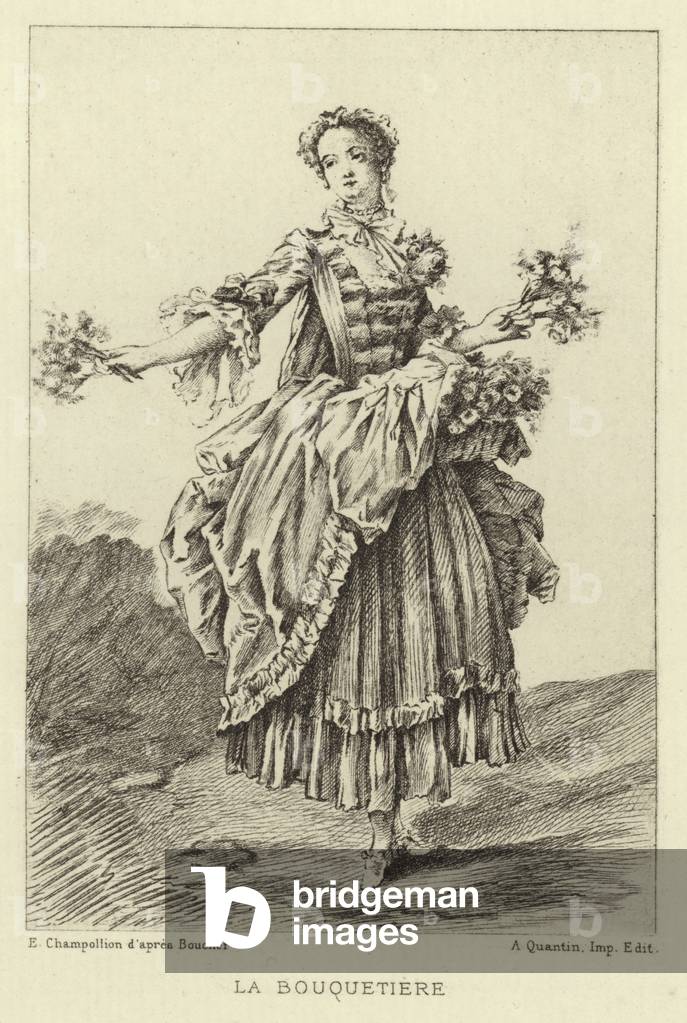 La Bouquetiere (engraving) by Francois Boucher, b/w