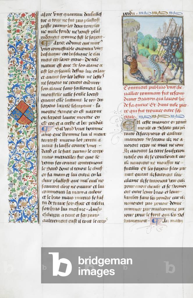 Miniatur von Publius wird durch den Schwanz eines Drachen auf den Boden geschleppt, der von gepanzerten Soldat