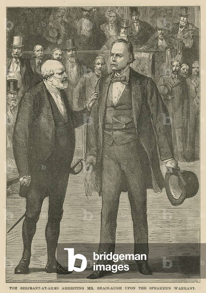 The Serjeant-at-Arms arresting Mr Bradlaugh upon the Speaker's warrant (engraving) by English Artist, b/w
