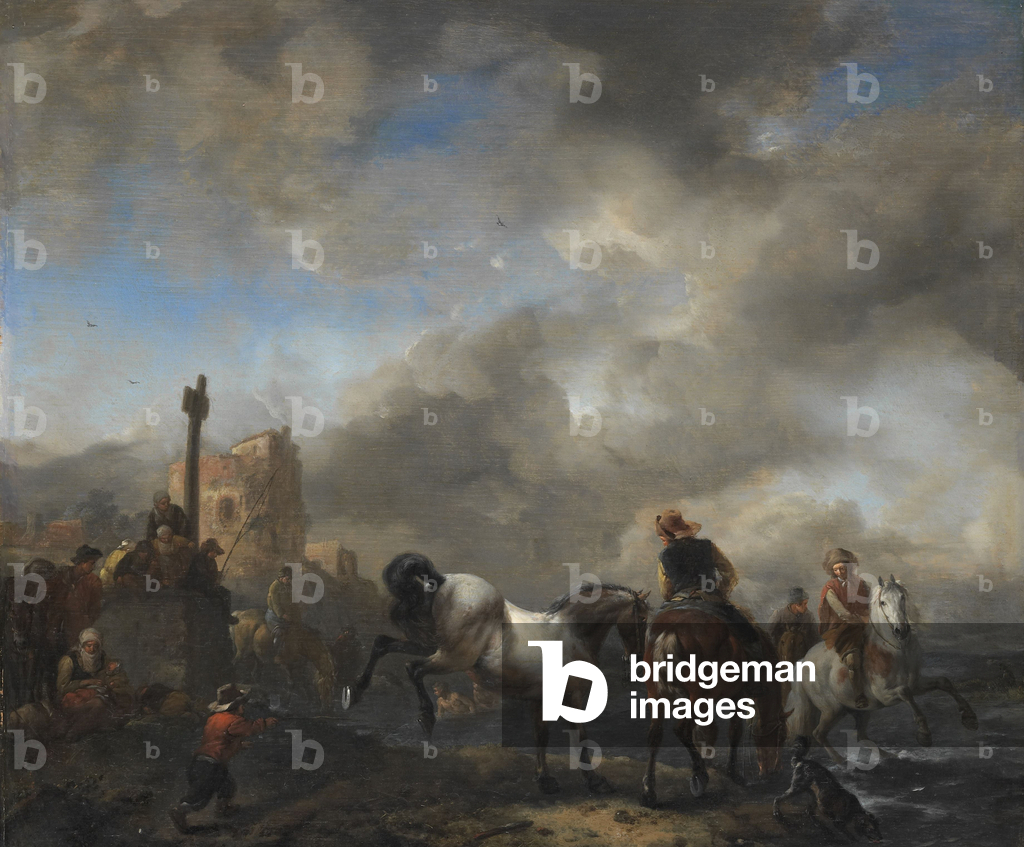 Bild von Gemälde "Pferdeweiher in der Nähe eines Grenzsteins" 1651 von Philips Wouwermans or Wouvermans
