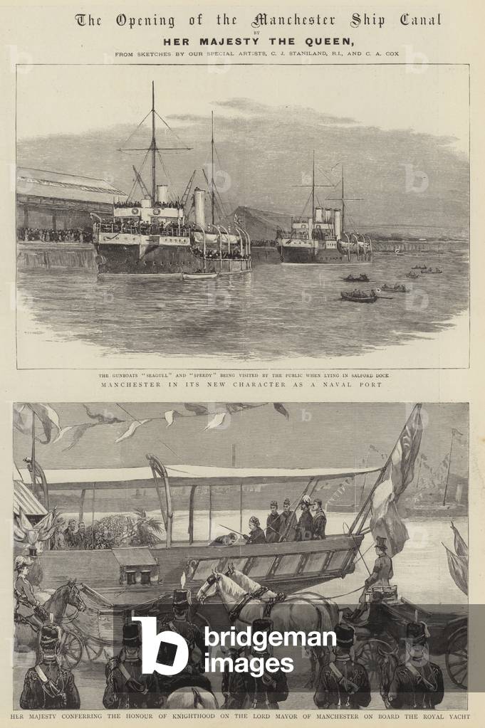 The opening of the Manchester Ship Canal (engraving) by English Artist, b/w