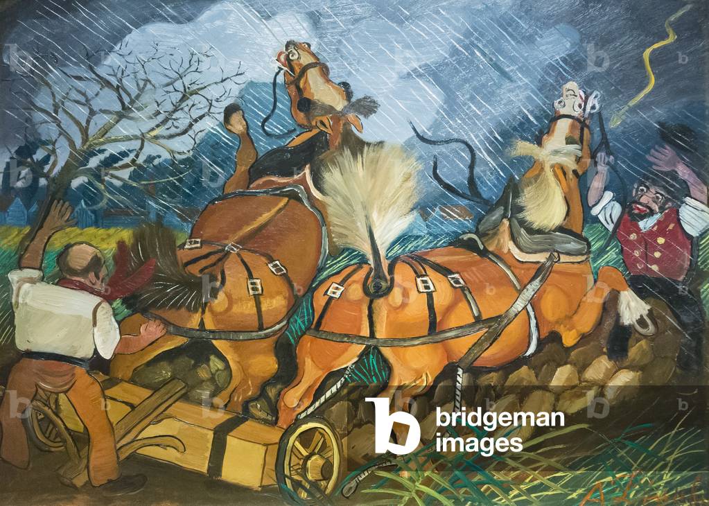 Image of Semina con cavalli imbizzarriti, 1953 (oil on hardboard) by Ligabue,  Antonio (1899-1965)