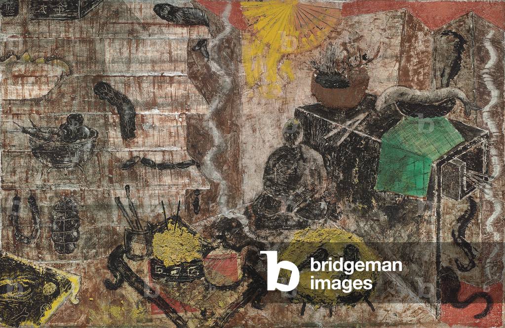 Chinois nature morte avec Bouddha ; Bodegon Chinois avec Buda, 1985 (médias mixtes sur toile)