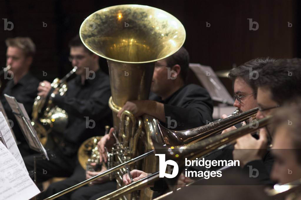 "Brass section of the Britten-Pears Orchestra performing in Snape Maltings during the Aldeburgh Festival"