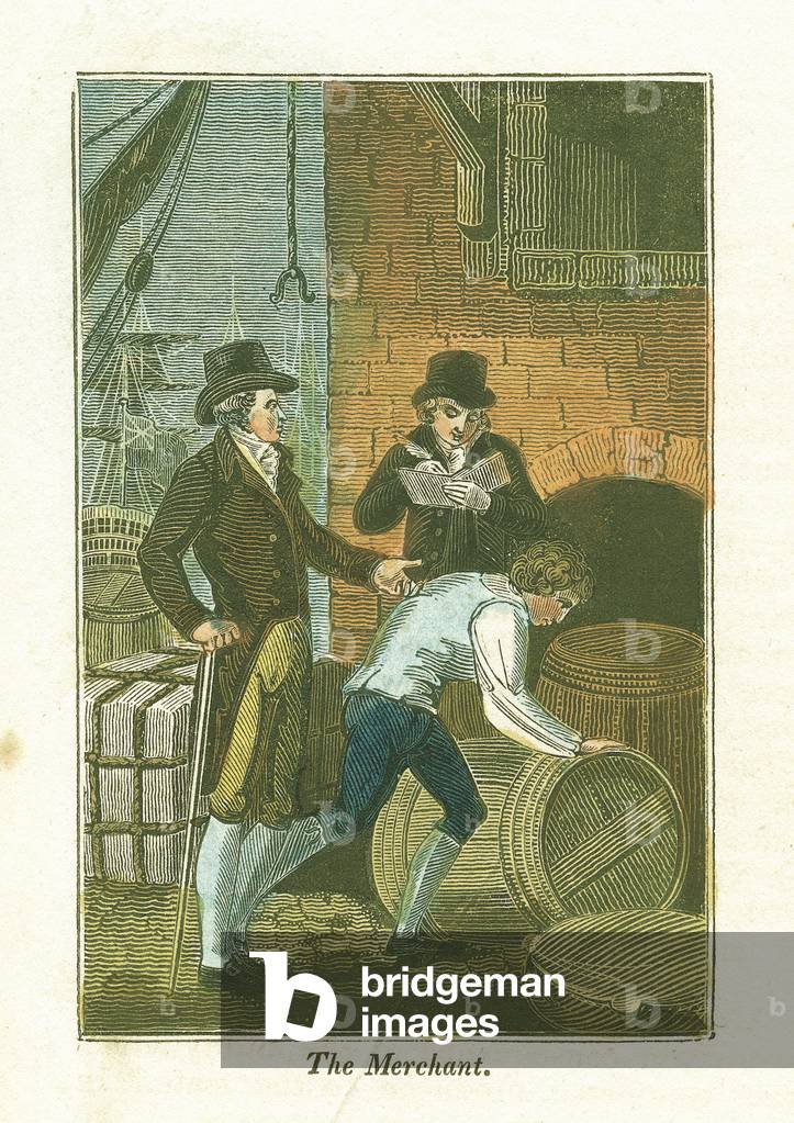 "Der Händler und sein Angestellte am Hafen überprüfen Waren im Lager. From The Book of English Trades London 1
