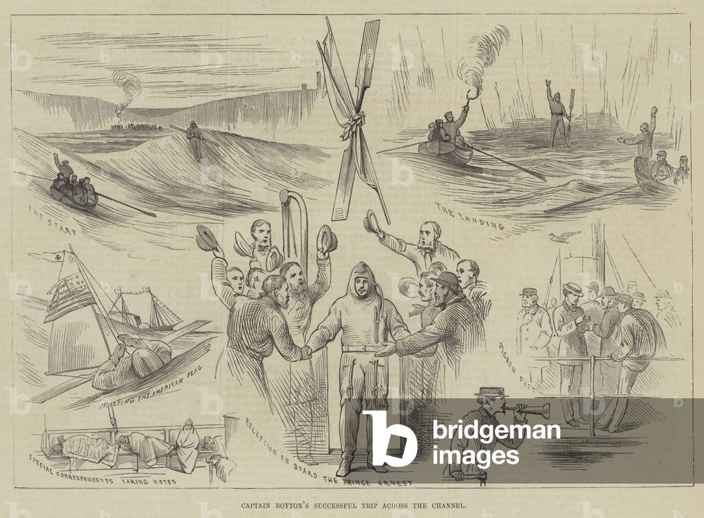 Viaggio di successo del capitano Boyton attraverso il canale (incisione)