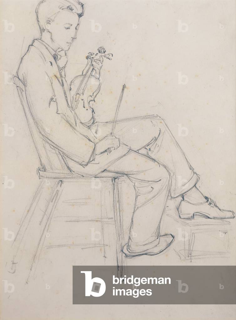 giovane uomo con un violino, c. 1915 (matita su carta)