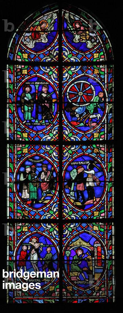 Window w.101 depicting scenes from life of St Pantaléon (stained glass) by French Artist