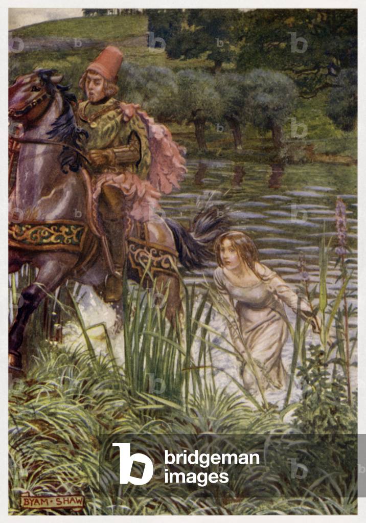 "He never was the courteous knight, / To say, 'Fair maid, will ye ride?'" (colour litho)