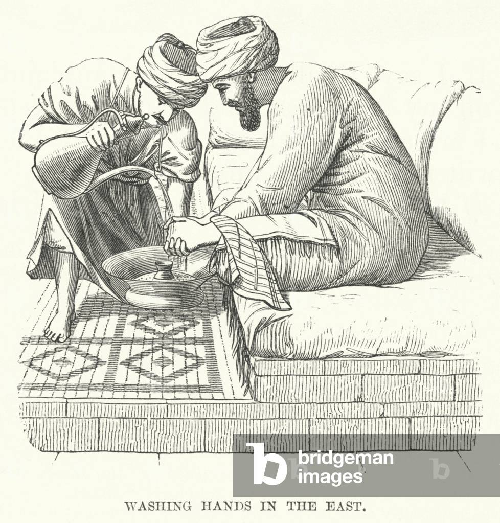 "Lavarsi le mani in Oriente (incisione)" di English School, b/w
