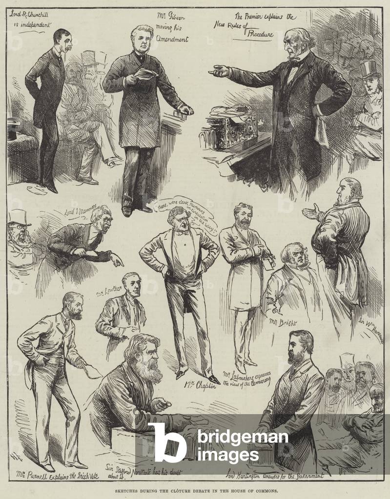 Sketches during the Cloture Debate in the House of Commons (engraving) by Harry Furniss, b/w