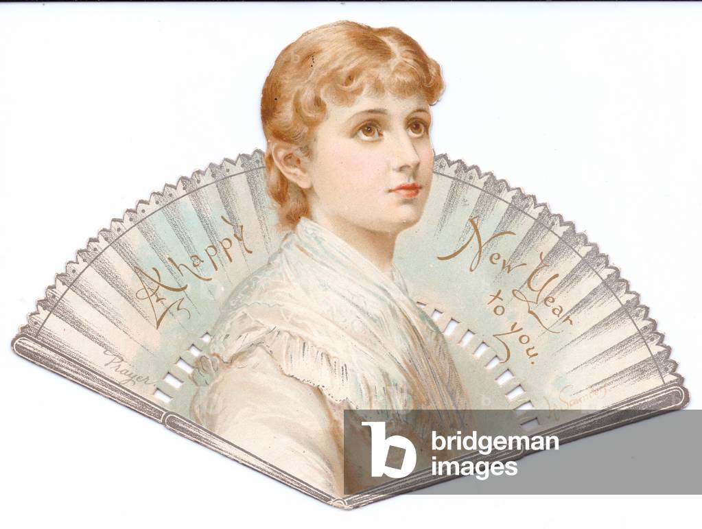 "Cartolina di Capodanno vittoriana a forma di ventaglio con immagine di un" 1880 di English School