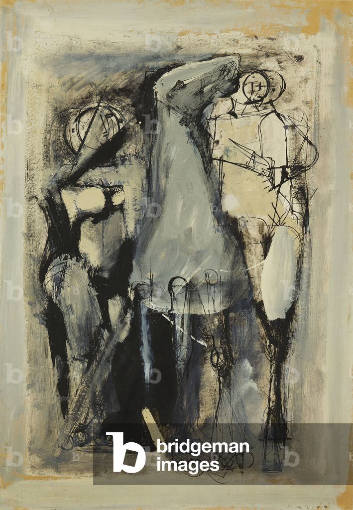 Jugglers and Horse; Giocolieri e Cavallo, 1951 (Öl und Tempera auf Karte auf Leinwand gelegt)