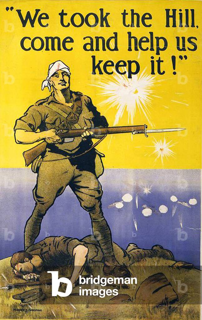 Abbiamo preso la collina, vieni ad aiutarci a conservarlo Locandina di reclutamento australiana della prima gu