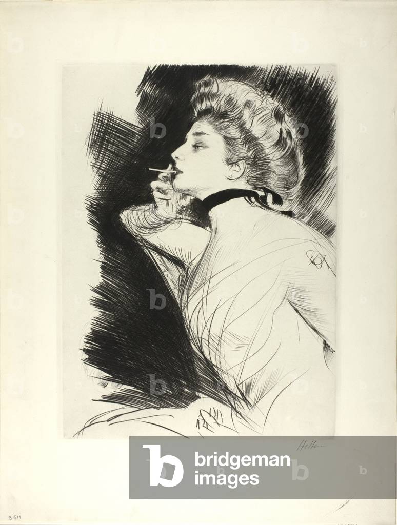 Half-length ritratto di una donna seduta, fumare una sigaretta, di fronte a sinistra, c. 1900 (punto a secco)