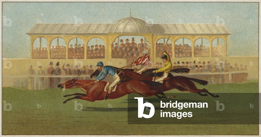 Corsa di cavalli oltre gli stand (cromolito)