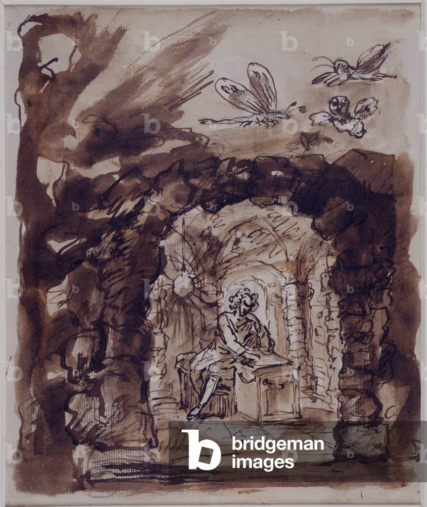 Alexander Pope nella sua grotta, 1730 circa (penna e inchiostro con vernice marrone su matita su carta)