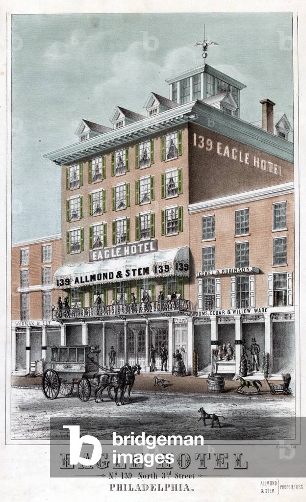 Eagle Hotel, n. 139 Nord Terza. Street Philadelphia, c.1855 (lito colorato con tre pietre)