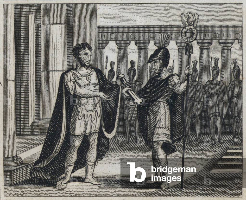 "Traiano che presenta una spada a un giovane ufficiale della Guardia Pretoriana (incisione)" 1801 di English S