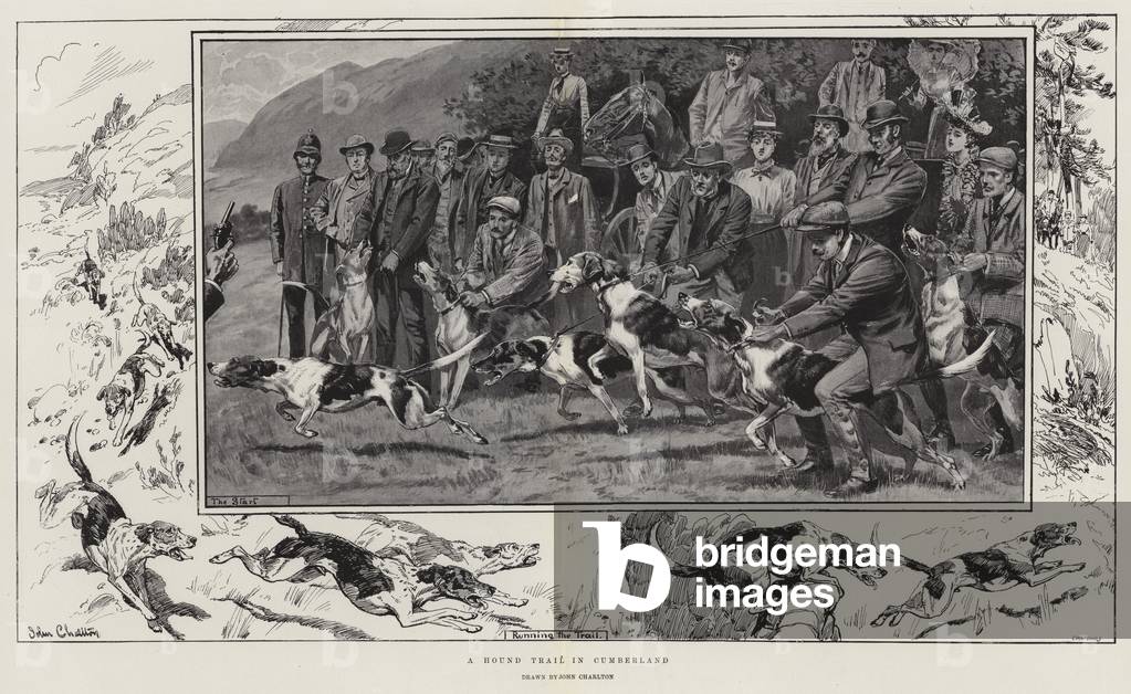 Bild von Druck "A Hound Trail in Cumberland (litho)" von John Charlton, b/w