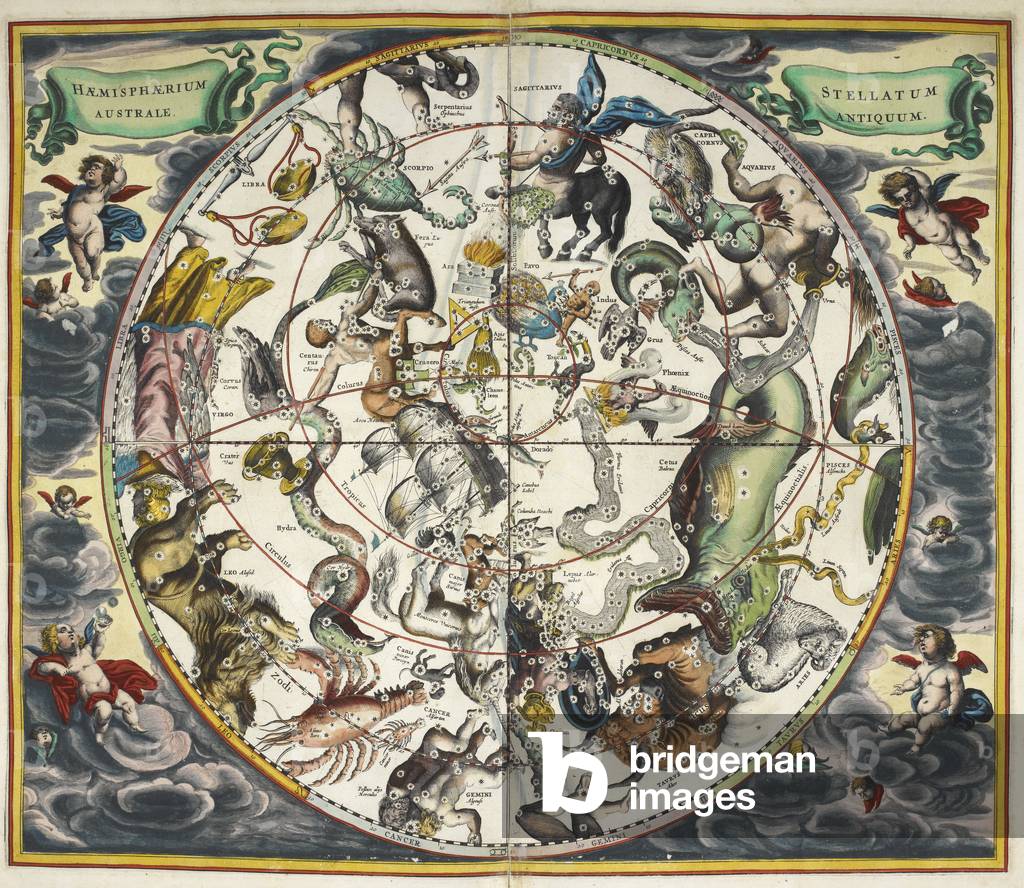 Die Sternbilder, mit astrologischen Zeichen des Tierkreises