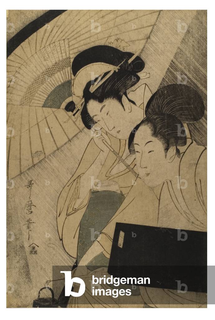 "Ritratto di mezza lunghezza di geisha e assistente riparo sotto la pioggia sotto un ombrello" 1755 di Utamaro