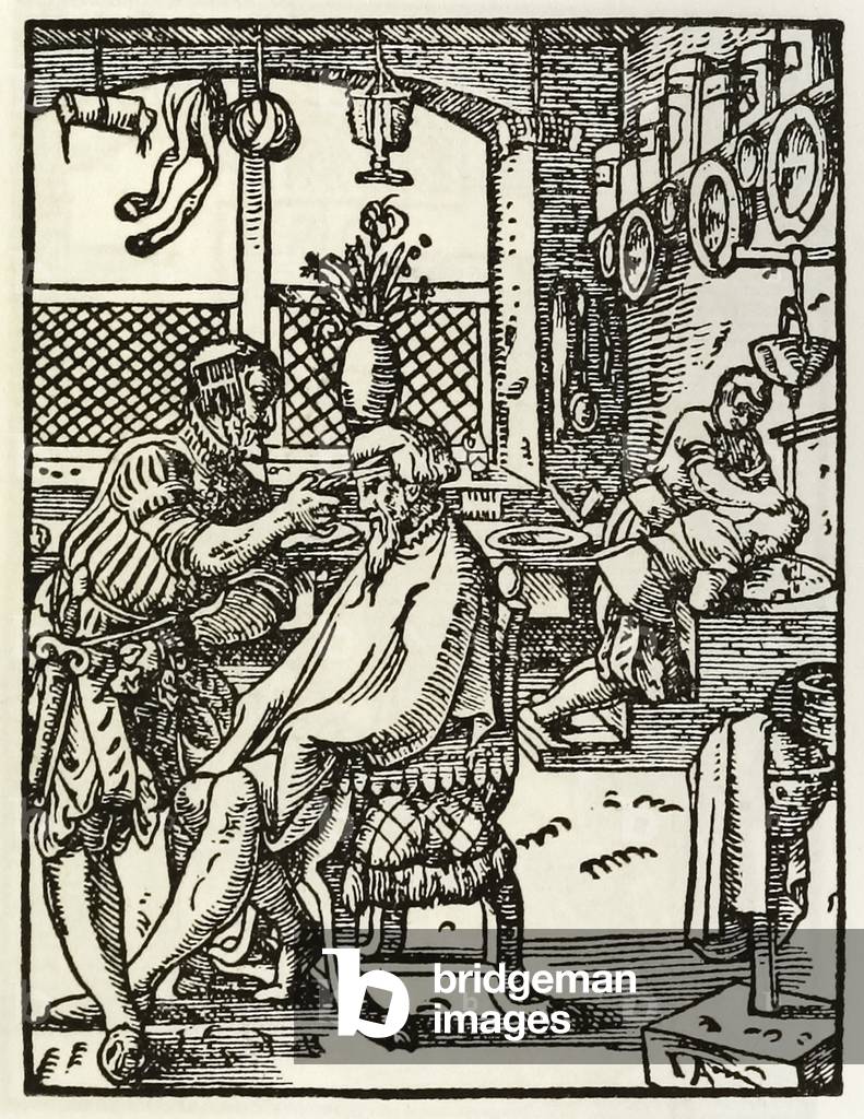 "„Die Barbiere“ aus einer Serie mit Berufen und Handeln" 1568 von Jost Amman, b/w