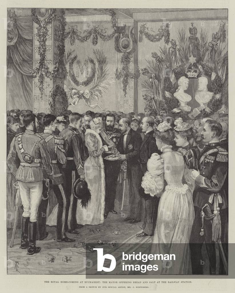 The Royal Home-Coming at Bucharest, the Mayor offering Bread and Salt at the Railway Station (engraving)